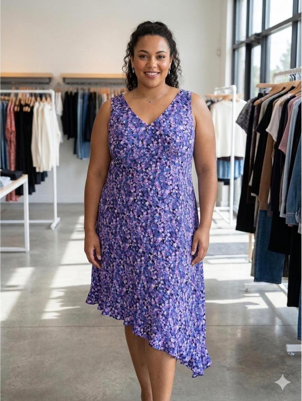 Purple Floral Sleeveless Asymmetrical Hem Dress 18W